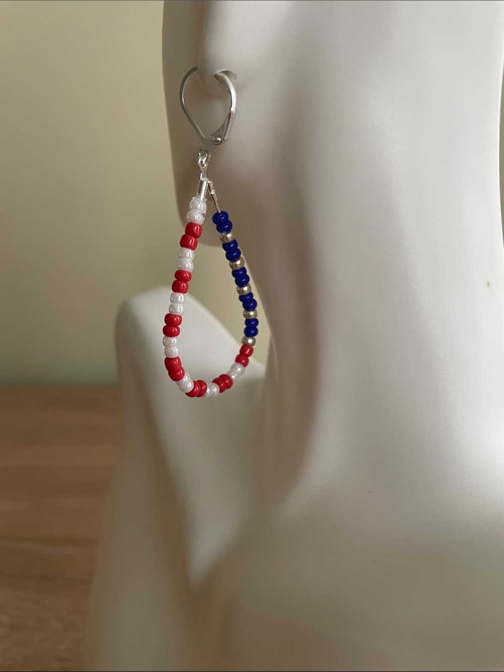 HAND CRAFTED PATRIOTIC BEADED TEARDROP HOOP EARRINGS Red White Blue 4th of July - Picture 6 of 9